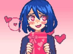 Rule 34 | 1girl, animated, animated gif, blue hair, blush, box, embarrassed, gift, gift box, gradient background, hcnone, heart, holding, holding gift, looking at viewer, office lady, open mouth, original, pink background, pink eyes, pixel art, short hair, simple background, skye (hcnone), smile, upper body, valentine
