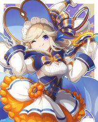 Rule 34 | 1girl, armpit cutout, cape, clothing cutout, corset, cucouroux (granblue fantasy), cucouroux (halloween) (granblue fantasy), detached sleeves, gloves, granblue fantasy, halloween, hat, highres, hood, hooded cape, large hat, official alternate costume, one eye closed, plaid, plaid ribbon, ribbon, smile, solo, twintails, white gloves, white hat, witch hat, yuiko (yuiyuiko 108)