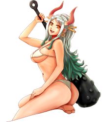 Rule 34 | 1girl, aikun2012, arm up, ass, barefoot, bikini, breasts, club, club (weapon), curled horns, earrings, from side, green hair, hair ornament, hair stick, hand rest, high ponytail, highres, holding, holding weapon, horns, jewelry, kanabou, large breasts, looking at viewer, multicolored hair, multicolored horns, navel, one piece, oni, open mouth, orange eyes, orange horns, over shoulder, red horns, sideboob, sidelocks, silver hair, sitting, smile, solo, stomach, swimsuit, toes, transparent background, twisted torso, two-tone hair, underboob, weapon, weapon over shoulder, white bikini, yamato (one piece)