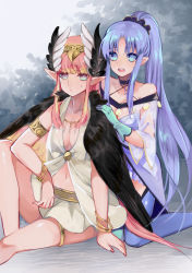 Rule 34 | 2girls, :o, armlet, asymmetrical gloves, asymmetrical legwear, aunt and niece, bare shoulders, black wings, blue eyes, blue hair, blush, bracelet, breasts, capelet, choker, circe (fate), cleavage, commentary request, dress, fate/grand order, fate (series), feathered wings, gloves, hair ornament, hair scrunchie, hairband, hand on another&#039;s shoulder, head wings, hyakuichi, jewelry, kneeling, long hair, medea (lily) (fate), medium breasts, mismatched gloves, mismatched legwear, multiple girls, navel, pink hair, pointy ears, ponytail, scrunchie, see-through, short dress, sidelocks, sitting, skirt, small breasts, strapless, strapless dress, sweatdrop, thighhighs, thighlet, very long hair, white skirt, wings