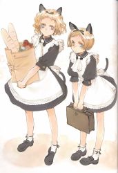 Rule 34 | 2girls, animal ears, bag, cat ears, cat girl, copyright request, female focus, full body, gradient background, holding, holding bag, maid, multiple girls, ooyari ashito, parted bangs, shoes, socks, white background
