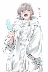 Rule 34 | 1boy, blue eyes, blush, coat, fate/grand order, fate (series), food, grey hair, hair between eyes, hand in pocket, highres, holding, holding food, hot, long sleeves, male focus, oberon (fate), open mouth, popsicle, sausu hitori, simple background, solo, sweat, white background, white coat