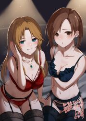 Rule 34 | 2girls, :d, arm under breasts, bare shoulders, black bra, black panties, black thighhighs, blonde hair, blue eyes, blush, bra, breast hold, breasts, brown eyes, brown hair, cleavage, collarbone, garter belt, grin, highres, idolmaster, idolmaster cinderella girls, jewelry, kozeni isari, lace, lace-trimmed bra, lace trim, large breasts, light particles, lingerie, looking at viewer, matsumoto sarina, mizuki seira, multiple girls, navel, necklace, on bed, open mouth, panties, parted bangs, parted lips, red bra, red panties, signature, sitting, smile, swept bangs, thighhighs, underwear, underwear only