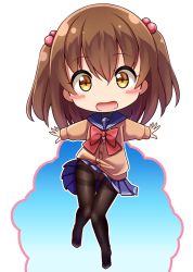 Rule 34 | 1girl, :d, ashida machi, blue sailor collar, blue skirt, blush, bow, bowtie, brown hair, brown pantyhose, chibi, commentary request, gurande (g-size), hair bobbles, hair ornament, highres, long hair, long sleeves, looking at viewer, no shoes, open mouth, original, pantyhose, pleated skirt, red bow, red bowtie, sailor collar, school uniform, serafuku, short hair, skirt, smile, solo, thigh gap, thighband pantyhose, two side up, yellow eyes