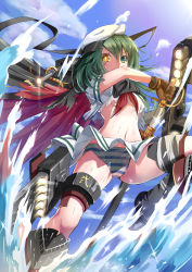 Rule 34 | 10s, 1girl, cape, green eyes, green hair, hat, heterochromia, himonoata, holding, kantai collection, kiso (kancolle), kiso kai ni (kancolle), long hair, looking at viewer, matching hair/eyes, navel, open mouth, panties, pantyshot, pleated skirt, school uniform, serafuku, skirt, solo, striped clothes, striped panties, sword, td, torn clothes, underwear, weapon
