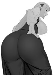 Rule 34 | 1girl, ass, blunt bangs, blush, breasts, corset, dress, from behind, greyscale, hand on own hip, highres, huge ass, large breasts, long hair, long sleeves, looking at viewer, looking back, momoko (shoutao), monochrome, original, puffy sleeves, shoutao, solo, white background, wide hips