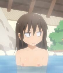 Rule 34 | 1girl, bare shoulders, breasts, brown hair, collarbone, nipples, nude, onsen, partially submerged, sawanatsu kotone, screencap, small breasts, softenni, solo, steam, stitched, third-party edit, tree, upper body, water