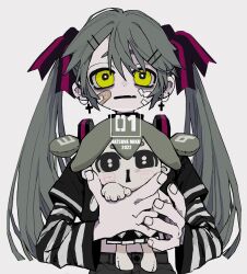 Rule 34 | 1girl, alternate costume, alternate hair color, bandaid, bandaid on cheek, bandaid on face, black shirt, character doll, character name, closed mouth, cropped shirt, dated, doll, earrings, expressionless, grey background, grey hair, grey pants, hachune miku, hair ornament, hair ribbon, hatsune miku, highres, holding, holding doll, jewelry, layered sleeves, long hair, long sleeves, looking at viewer, miku day, oshio (shioqqq), pants, purple ribbon, ribbon, shirt, short over long sleeves, short sleeves, simple background, solo, straight-on, striped clothes, striped ribbon, striped shirt, t-shirt, twintails, twitter username, upper body, vocaloid, white background, yellow eyes