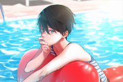 Rule 34 | 10s, 1boy, aged down, black hair, blue eyes, child, free!, hana (dqkmb362), inflatable toy, looking at viewer, male focus, nanase haruka (free!), pool, solo, tank top, water
