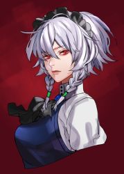Rule 34 | 1girl, ascot, black ascot, blue vest, braid, breasts, closed mouth, commentary request, cropped torso, from side, hair between eyes, highres, izayoi sakuya, large breasts, lips, looking at viewer, looking to the side, maid headdress, purple hair, red background, red eyes, silver hair, solo, tenobe, touhou, twin braids, vest