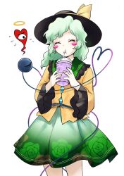 Rule 34 | 1girl, black hat, blush, blush stickers, buttons, closed eyes, closed mouth, commentary, cowboy shot, cup, diamond button, disposable cup, english commentary, eyeball, floral print, frilled shirt collar, frilled sleeves, frills, green hair, green skirt, grimace shake (meme), halo, hat, hat ribbon, heart, heart of string, highres, himuhino, holding, holding cup, koishi komeiji&#039;s heart-throbbing adventure, komeiji koishi, long sleeves, medium bangs, medium hair, meme, ribbon, rose print, shirt, simple background, skirt, smile, solo, third eye, touhou, wavy hair, white background, yellow ribbon, yellow shirt
