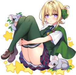 Rule 34 | 1girl, badge, blonde hair, blue necktie, blue skirt, braid, braided bangs, braided bun, brown footwear, cape, commentary request, dress shirt, full body, green cape, green thighhighs, green vest, hair bun, highres, hugging own legs, kantai collection, koala, loafers, long hair, necktie, perth (kancolle), plaid, plaid skirt, pleated skirt, purple eyes, ringo sui, school uniform, shirt, shoes, short sleeves, simple background, skirt, smile, solo, thighhighs, vest, white background, white shirt