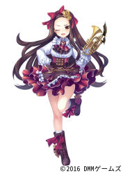 Rule 34 | 1girl, ;d, bow, brown eyes, brown footwear, brown hair, flower, frilled skirt, frills, girls symphony, hair bow, hair flower, hair ornament, hand on own hip, instrument, long hair, looking at viewer, matatabi maru, monica ravel, official art, one eye closed, open mouth, pink bow, red skirt, skirt, smile, solo, standing, standing on one leg, trumpet, weaponized instrument