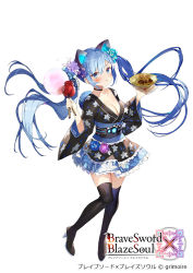 Rule 34 | 1girl, :t, black choker, black footwear, black shirt, black skirt, blue eyes, blue flower, blue hair, blush, boots, brave sword x blaze soul, breasts, candy apple, choker, cleavage, collarbone, container, copyright name, eating, floating hair, flower, food, frilled skirt, frills, full body, gaou (umaiyo puyoman), hair flower, hair ornament, hands up, head tilt, high heel boots, high heels, holding, holding food, japanese clothes, large breasts, long hair, long sleeves, looking at viewer, miniskirt, obi, official art, plate, purple flower, sash, shirt, sidelocks, simple background, skirt, solo, swept bangs, takoyaki, thigh boots, thighhighs, twintails, v-shaped eyebrows, very long hair, watermark, wavy mouth, white background, wide sleeves, zettai ryouiki