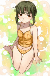 Rule 34 | 10s, 1girl, absurdres, bad id, bad pixiv id, bare legs, bare shoulders, barefoot, blunt bangs, bob cut, braid, breasts, brown eyes, camisole, collarbone, from above, green hair, highres, kanmiya shinobu, kantai collection, legs, looking away, navel, short hair, sidelocks, sitting, small breasts, solo, takanami (kancolle), tareme, thighs, underwear