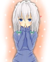 Rule 34 | 1girl, ass, blue eyes, blush, izayoi sakuya, long hair, ribbon, roro (sghona10), smile, sweater, tagme, touhou, white hair