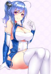 Rule 34 | 1girl, absurdres, ahoge, azur lane, blue hair, blush, breasts, cleavage, elbow gloves, gloves, highres, large breasts, looking at viewer, lying, pink eyes, ponytail, ribbon, shiny skin, sitting, smile, sogaya, solo, st. louis (azur lane), thighhighs, white gloves, white thighhighs