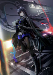 Rule 34 | 1girl, animal ears, arknights, black footwear, black hair, black pantyhose, black vest, blue necktie, blue shorts, boots, commentary request, highres, holding, holding sword, holding weapon, long hair, long sleeves, necktie, pantyhose, pantyhose under shorts, penguin logistics logo, revision, sakusyo, shirt, shorts, solo, standing, sword, texas (arknights), texas the omertosa (arknights), very long hair, vest, weapon, white shirt, wolf ears, yellow eyes