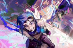 Rule 34 | 1girl, blue eyes, blue hair, breasts, full body, holding, jinx (league of legends), kurikabacha, league of legends, long hair, looking at viewer, non-web source, pale skin, stone, tattoo