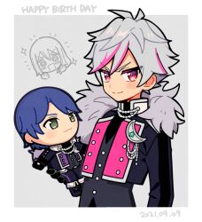 Rule 34 | 2boys, 5.5, black gloves, black jacket, blue hair, border, character doll, chibi, chibi inset, closed mouth, commentary request, crescent, cropped jacket, dated, doll, feather boa, gloves, green eyes, grey background, grey hair, hair between eyes, happy birthday, holding, holding doll, idol land pripara, jacket, long sleeves, looking at viewer, male focus, multicolored hair, multiple boys, ooedo shinya, pink eyes, pink hair, pretty series, pripara, short hair, smile, solo focus, streaked hair, takase koyoi, upper body, ushimitsu (pripara), v-shaped eyebrows, white border