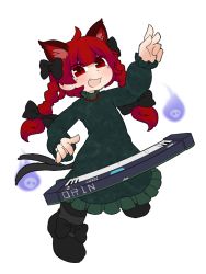 Rule 34 | 1girl, :3, :d, ahoge, animal ear fluff, animal ears, black bow, black footwear, black legwear, blackbad, blue fire, blush, bow, braid, cat ears, cat tail, character name, dress, extra ears, eyes visible through hair, fang, fire, flaming skull, floating skull, footwear bow, green dress, hair ribbon, hand up, hitodama, instrument, kaenbyou rin, keyboard (instrument), long hair, looking at viewer, multiple tails, nekomata, open mouth, petticoat, red eyes, red hair, ribbon, simple background, smile, solo, tail, touhou, tress ribbon, twin braids, twintails, two tails, unmoving pattern, v-shaped eyebrows, white background
