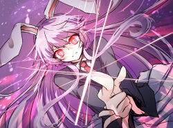 Rule 34 | 1girl, absurdres, animal ears, black jacket, bright pupils, closed mouth, collared shirt, commentary request, glowing, glowing eyes, highres, index finger raised, jacket, kinese (katasutorohu), light particles, long hair, long sleeves, looking at viewer, necktie, pointy ears, purple background, purple hair, rabbit ears, rabbit girl, red necktie, reisen udongein inaba, shirt, solo, touhou, v-shaped eyebrows, white pupils, white shirt