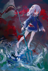 Rule 34 | 1girl, :d, absurdres, animal hood, barefoot, blood, blood on face, blue hoodie, blue nails, evil eyes, evil grin, evil smile, fins, fish tail, full body, gawr gura, gawr gura (1st costume), grin, hair between eyes, highres, holding, holding weapon, hololive, hololive english, hood, hoodie, long sleeves, looking at viewer, medium hair, multicolored hair, nail polish, open mouth, polearm, red eyes, reddizen, reflect (gawr gura), shark, shark girl, shark hood, shark tail, sharp teeth, short twintails, smile, solo, standing, streaked hair, tail, teeth, toes, torn clothes, trident, twintails, virtual youtuber, water, weapon, white hair