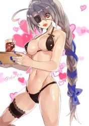 Rule 34 | 1girl, ahoge, bikini, black bikini, blazblue, blue nails, blush, bow, braid, breasts, brown eyes, cleavage, eyepatch, happy, heart, heart ahoge, hip focus, holding, hyakuhachi (over3), lace trim, large breasts, bridal garter, long hair, looking at viewer, nail polish, navel, nu-13, red eyes, ribbon, silver hair, simple background, single braid, smile, solo, swimsuit, thigh strap, thighs, twitter username, very long hair, white background