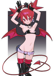 Rule 34 | 1girl, absurdres, arm strap, arms up, belt, black gloves, boots, bracelet, choker, commentary, demon girl, demon tail, demon wings, disgaea, earrings, english commentary, etna (disgaea), fang, gloves, highres, jewelry, mini wings, navel, pointy ears, red eyes, red hair, revealing clothes, saaal653, short shorts, shorts, skin fang, skull earrings, solo, tail, thigh boots, thighhighs, wings