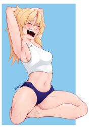 Rule 34 | 1girl, absurdres, alternate costume, armpits, arms up, artist name, blonde hair, blue background, blue buruma, blush, border, breasts, buruma, closed eyes, fangs, fate (series), hair between eyes, highres, mordred (fate), mordred (fate/apocrypha), navel, outside border, ponytail, sharp teeth, simple background, small breasts, solo, stretching, tank top, teeth, thighs, tongue, white border, zealyush
