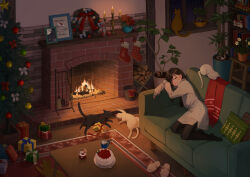 Rule 34 | 1girl, animal, animal slippers, asuka gin, black hair, box, cake, candle, candlestand, cat, cat slippers, christmas, christmas ornaments, christmas stocking, christmas tree, christmas wreath, closed eyes, couch, cup, dress, fire, fireplace, food, full body, gift, gift box, highres, hot chocolate, long hair, long sleeves, lying, mug, original, pantyhose, picture frame, pillow, plant, potted plant, rug, shelf, sleeping, slippers, smile, snow globe, solo, sweater, sweater dress, table, tree, unworn slippers, wreath