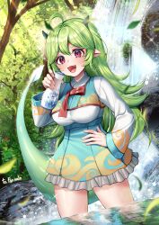 Rule 34 | 1girl, :d, absurdres, ahoge, blue sky, breasts, commentary, commission, copyright request, day, english commentary, fang, forest, frilled skirt, frills, green hair, hair between eyes, hand on own hip, highres, holding, horns, long hair, long sleeves, medium breasts, menna (0012), nature, open mouth, outdoors, pointy ears, red eyes, shirt, short eyebrows, skirt, sky, smile, solo, standing, tail, thick eyebrows, tokkuri, tree, v-shaped eyebrows, very long hair, water, waterfall, white shirt