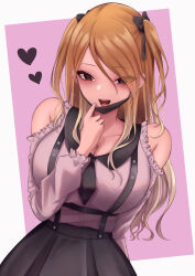 Rule 34 | 1girl, arm behind back, black mask, black skirt, blush, breasts, brown hair, cleavage, clothing cutout, collarbone, dutch angle, gradient hair, heart, highres, idolmaster, idolmaster shiny colors, izumi mei, jirai kei, large breasts, light brown hair, looking at viewer, mask, mask pull, mouth mask, multicolored hair, shoulder cutout, simple background, skirt, smile, solo, ssrg srrg, suspender skirt, suspenders, two-tone background, two side up