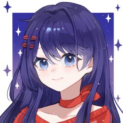 1girl blue_background blue_eyes blue_hair border chilizi choker hair_ornament hairclip kind_mita_(miside) looking_at_viewer miside mita_(miside) outside_border portrait red_choker red_sweater smile solo sparkle sweater white_border