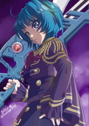 Rule 34 | 1girl, ahoge, aizawa kazuha, assault lily, belt, blue eyes, blue hair, blue shirt, blue skirt, bow, bowtie, breasts, buttons, capelet, center frills, closed mouth, commentary request, cowboy shot, cropped jacket, dated, epaulettes, frilled shirt, frilled sleeves, frills, from below, from side, gradient background, hand on own hip, hand up, high-waist skirt, highres, holding, holding weapon, jacket, knives (knives777), long sleeves, looking at viewer, looking to the side, medium breasts, official alternate costume, open clothes, open jacket, over shoulder, purple background, purple belt, purple capelet, purple jacket, red bow, red bowtie, shirt, short hair, sideways glance, skirt, sleeves past wrists, solo, standing, twitter username, v-shaped eyebrows, weapon, weapon over shoulder