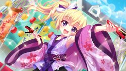 Rule 34 | 1girl, :d, arm up, armpits, banner, blonde hair, blue sky, bow, breasts, cloud, day, dot nose, dutch angle, film grain, floral print, game cg, hasegawa mii, high side ponytail, holding, house, izumi tsubasu, japanese clothes, kimono, lantern, lens flare, looking at viewer, medium hair, naruko (instrument), non-web source, official art, open mouth, outdoors, paper lantern, print kimono, purple bow, purple eyes, purple kimono, re:stage!, sky, sleeveless, sleeveless kimono, small breasts, smile, solo, sparkle, sparkling eyes, teeth, upper teeth only, white bow