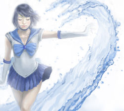 Rule 34 | 1990s (style), 1girl, annindouf, bishoujo senshi sailor moon, blue hair, blue sailor collar, elbow gloves, closed eyes, gloves, miniskirt, mizuno ami, outstretched arm, pleated skirt, realistic, sailor collar, sailor mercury, short hair, skirt, solo, water, white background, white gloves