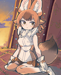 Rule 34 | 1girl, absurdres, animal ears, brown eyes, brown hair, dhole (kemono friends), extra ears, gloves, highres, kanmoku-san, kemono friends, kemono friends 3, kneehighs, looking at viewer, scarf, shirt, shoes, short hair, sitting, skirt, sleeveless, sleeveless shirt, socks, solo, tail, wolf ears, wolf girl, wolf tail