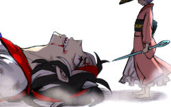 Rule 34 | 2girls, barefoot, black hair, blood, blood from mouth, blood on face, commentary request, dress, grey horns, head out of frame, holding, horns, japanese clothes, kijin seija, kimono, long sleeves, looking at another, lying, meimaru inuchiyo, mini person, minigirl, multicolored hair, multiple girls, needle, needle sword, on back, pink kimono, purple hair, red eyes, red hair, scratches, sewing needle, sharp teeth, shirt, short hair, streaked hair, sukuna shinmyoumaru, teeth, touhou, white background, white dress, white hair, white shirt, wide sleeves