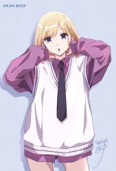 Rule 34 | 1girl, :o, black necktie, blonde hair, blue background, commentary request, dated, dated commentary, hair ornament, hairclip, highres, long sleeves, looking at viewer, necktie, nii manabu, open mouth, original, parted bangs, purple eyes, purple shirt, shirt, short hair, signature, simple background, solo, sweater vest, thighs, white sweater vest
