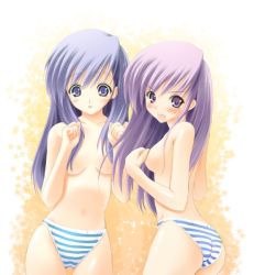 Rule 34 | 00s, 2girls, alternate hairstyle, angry, ass, blue eyes, blue hair, blue panties, blush, breasts, covering breasts, covering privates, hair down, himeyuri ruri, himeyuri sango, long hair, multiple girls, panties, panties only, purple eyes, purple hair, saeki touma, siblings, sisters, standing, striped clothes, striped panties, sweatdrop, thigh gap, thighs, to heart (series), to heart 2, topless, twins, underwear, underwear only