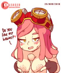 Rule 34 | 10s, 1girl, animated, blush, boku no hero academia, grabbing another&#039;s breast, breasts, cleavage, diives, disembodied penis, eyelashes, fingerless gloves, gloves, goggles, grabbing, half-closed eyes, hatsume mei, heart, highres, long hair, looking at viewer, medium breasts, nipples, open mouth, paizuri, penis, pink hair, rubbing, smile, solo, teeth, text focus, tongue, uncensored, veins, veiny penis, white background, yellow eyes