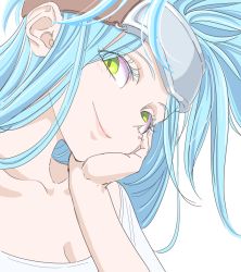 Rule 34 | 1girl, blue hair, breasts, chrono trigger, cleavage, closed mouth, green eyes, headband, long hair, looking at viewer, queen zeal, s-a-murai, simple background, smile, solo, white background