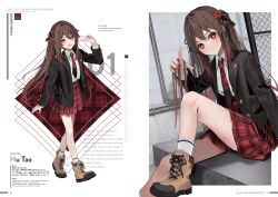 Rule 34 | 1girl, alternate costume, arm up, black jacket, boots, brown footwear, brown hair, character name, collar, collared shirt, cross-laced footwear, english text, flower-shaped pupils, full body, genshin impact, hair ornament, highres, hu tao (genshin impact), jacket, long hair, long sleeves, looking at viewer, motto (night wear), necktie, open clothes, open jacket, red eyes, red skirt, school uniform, shirt, sitting, skirt, smile, socks, standing, striped clothes, striped skirt, symbol-shaped pupils, v, white collar, white shirt, white socks
