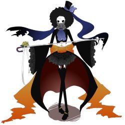 Rule 34 | 1girl, afro, brook (one piece), concealed weapon, deus ex machina, female focus, full body, genderswap, genderswap (mtf), high heels, monster girl, one piece, scarf, shoes, skeleton, skirt, solo, sword, sword cane, thighhighs, weapon, white background