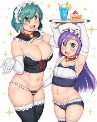 Rule 34 | 2girls, aqua hair, arm above head, arm up, breasts, cake, commentary request, cup, drinking glass, flat chest, food, fruit, green eyes, hair between eyes, highres, large breasts, long hair, looking at viewer, maid, medium hair, multiple girls, my maid (orizen), neck bell, orange (fruit), orange slice, original, orizen, plate, purple hair, simple background, sparkle background, strawberry, thighhighs, tray, white background