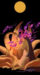 Rule 34 | animal focus, black background, closed mouth, creatures (company), fang, fire, from behind, full body, full moon, game freak, gen 1 pokemon, half-closed eyes, hand up, highres, hisuian typhlosion, looking down, looking up, lying, moon, night, ninetales, nintendo, no humans, open mouth, outdoors, pokemon, pokemon (creature), purple fire, pyrokinesis, red eyes, simple background, standing, v (govvvvw), yellow moon