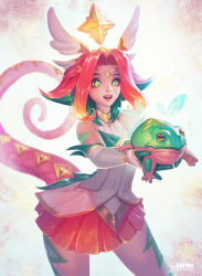 Rule 34 | 1girl, :o, absurdres, animal, artist name, circlet, commentary, english commentary, furaffinity username, gloves, gold trim, gradient hair, green eyes, green gloves, green hair, highres, holding, holding animal, kardie, league of legends, looking at viewer, magical girl, multicolored hair, neeko (league of legends), red hair, short hair, sidelocks, skirt, solo, star guardian (league of legends), star guardian neeko, symbol-shaped pupils, tail, watermark, web address, wing hair ornament