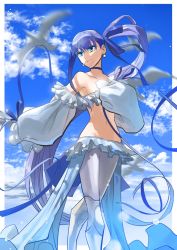 Rule 34 | 1girl, armor, bare shoulders, bikini, bird, blue eyes, blue ribbon, blue sky, breasts, closed mouth, collarbone, day, earrings, fate/grand order, fate (series), frilled bikini, frills, greaves, hair between eyes, hair ribbon, highres, jewelry, long hair, long sleeves, looking at viewer, meltryllis, meltryllis (fate), meltryllis (swimsuit lancer) (fate), meltryllis (swimsuit lancer) (third ascension) (fate), navel, pantyhose, puffy sleeves, purple hair, revision, ribbon, seagull, side ponytail, sky, sleeves past fingers, sleeves past wrists, small breasts, smile, solo, summer sky, swimsuit, thighs, very long hair, white pantyhose