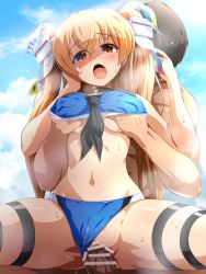 Rule 34 | 1boy, 1girl, bar censor, bikini, bikini bottom aside, blue bikini, breasts, brown eyes, censored, clothed sex, clothing aside, erection, grabbing, grabbing another&#039;s breast, hetero, highres, johnston (kancolle), kantai collection, konpeto, light brown hair, long hair, medium breasts, navel, official alternate costume, penis, sex, solo focus, spread legs, sweat, swimsuit, thigh strap, two side up, vaginal